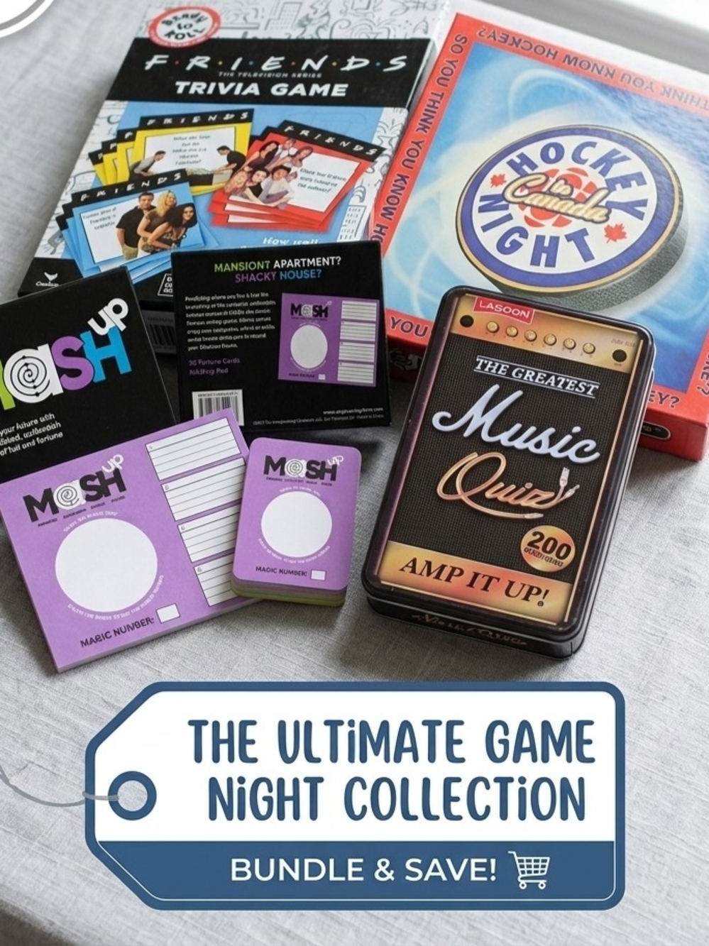 Ultimate Family Game Night Bundle 4-Pack | Friends Trivia Hockey Music MASH